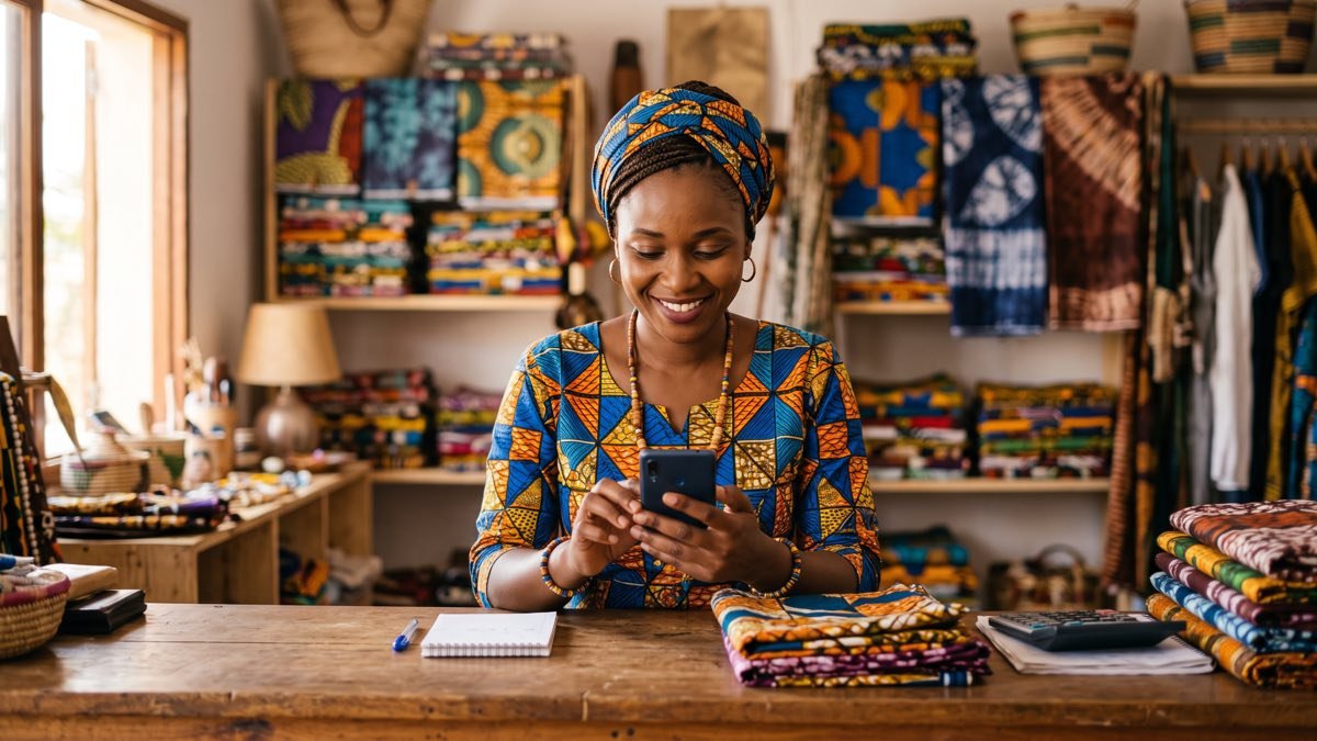Une commerçante de tissus en Afrique de l'Ouest partage l'adresse de son site sur WhatsApp depuis son téléphone, derrière le comptoir de sa boutique