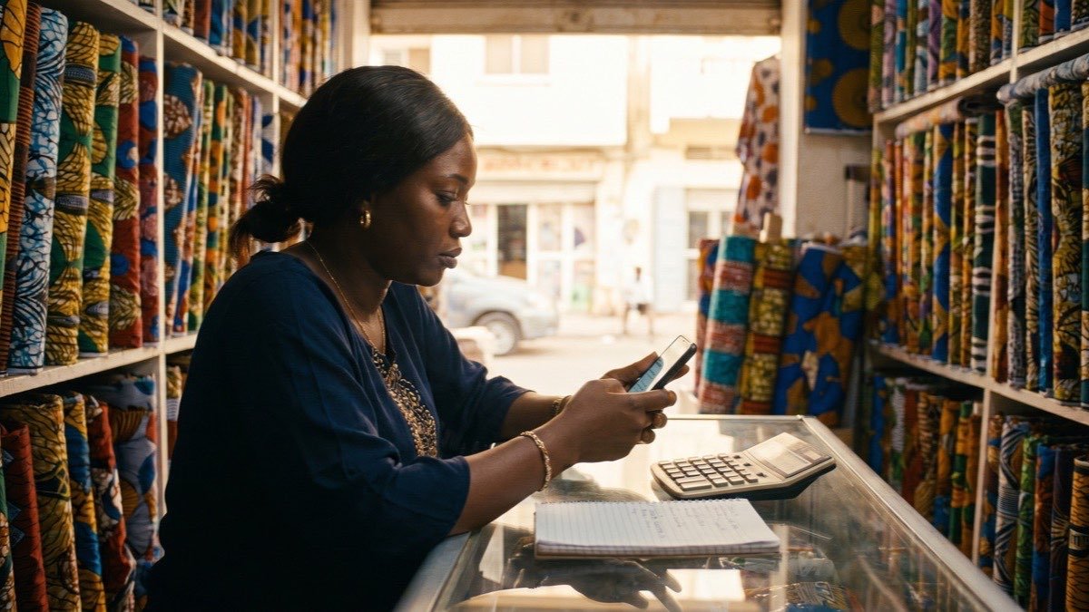 Une commerçante de Dakar compare sur son téléphone les prix des différentes options pour créer son site internet