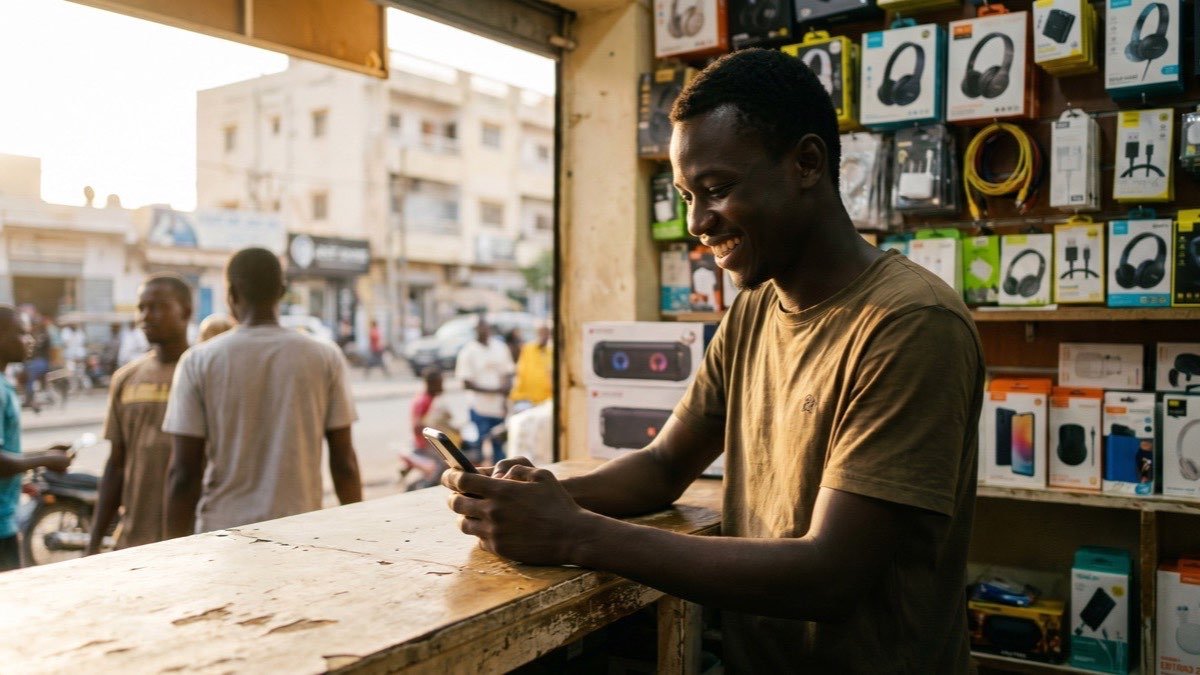 Un commerçant sénégalais répond aux commandes de ses clients sur WhatsApp depuis sa boutique
