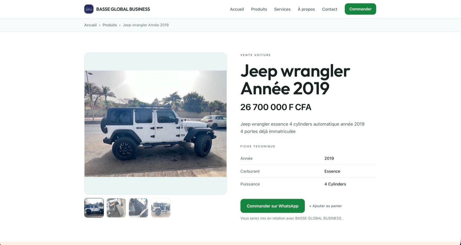 Fiche produit du site BASSE Global Business : une Jeep Wrangler 2019 avec sa galerie photos, son prix en F CFA, sa fiche technique et un bouton Commander sur WhatsApp.