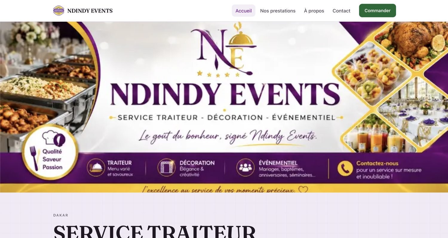 Page d'accueil du site Ndindy Events : service traiteur, décoration et événementiel à Dakar, avec bannière et commande sur WhatsApp.