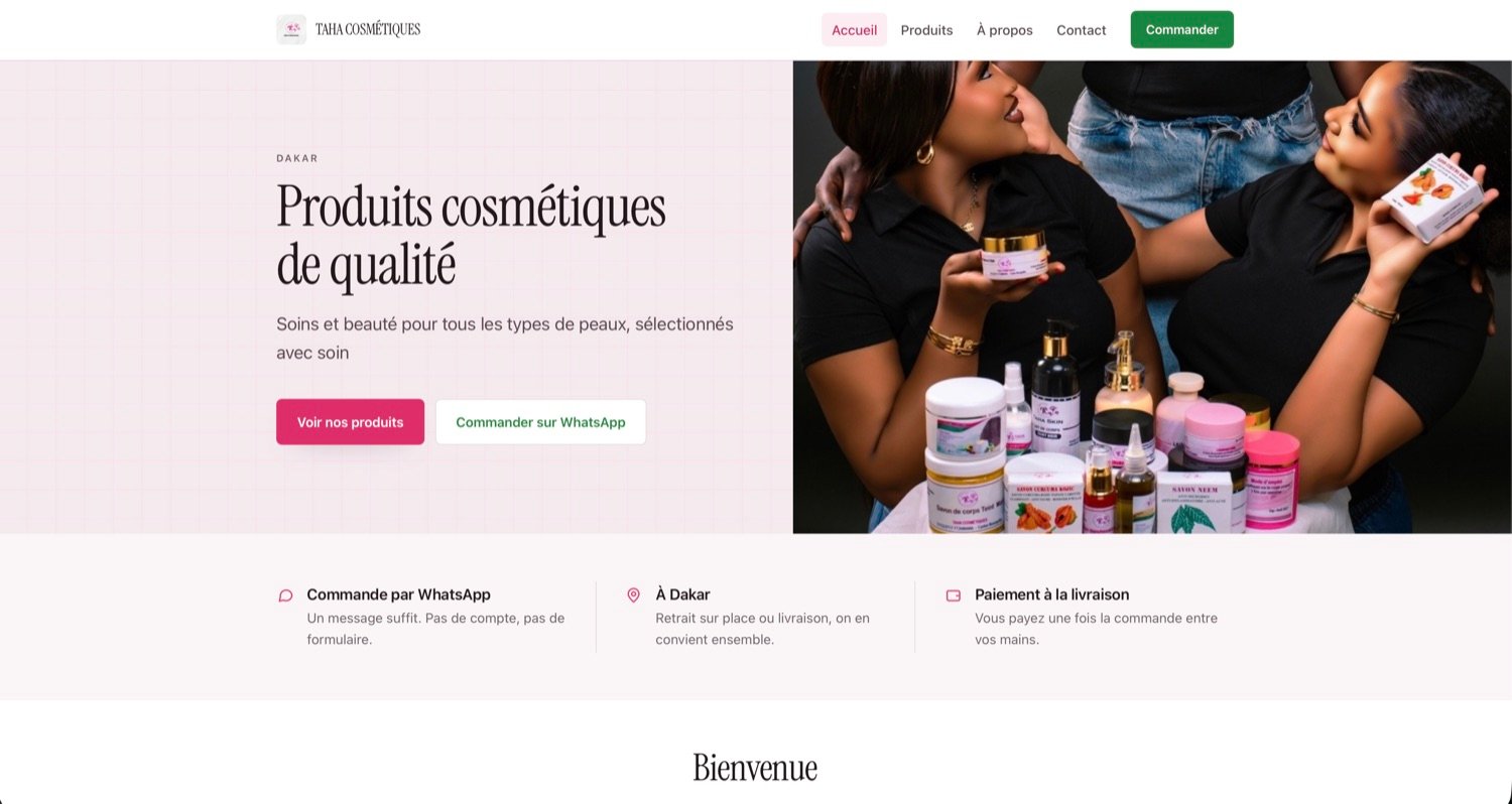 Page d'accueil du site Taha Cosmétiques : produits de soin et de beauté à Dakar, commande sur WhatsApp, réalisé avec BUUR Digital.